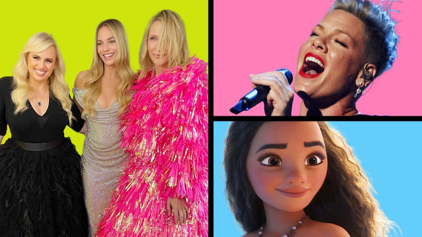 A composite image of three woman in ballgowns, a woman singing into a mic and Disney character Moana