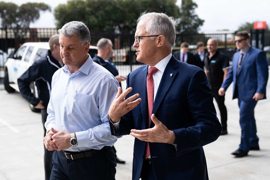 Malcolm Turnbull talks to a man in Perth ahead of the Liberal Party state conference.