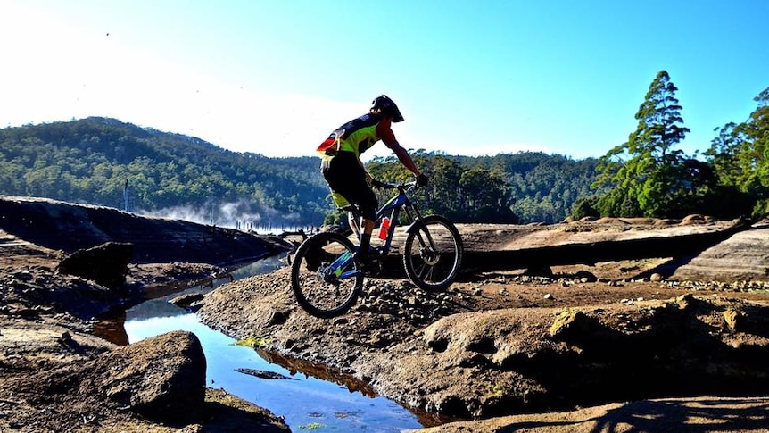 Mountain biker jumping a creek with hills and trees in the background.