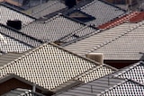 Roofs of houses are covered with different coloured tiles.