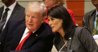 Donald Trump and US ambassador to the UN Nikki Haley talk to one another.