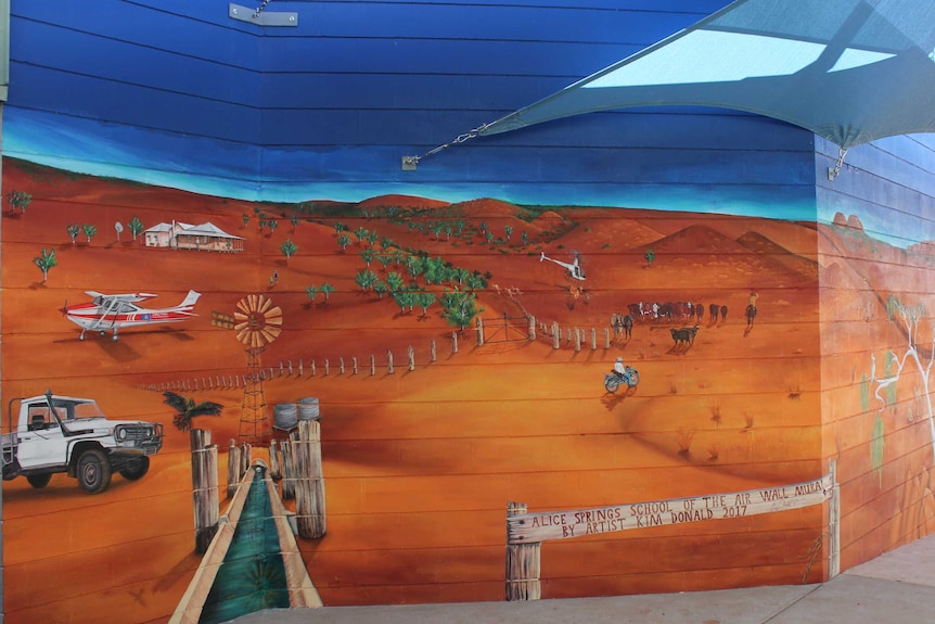 Outback themed mural at Alice Springs School of the Air.