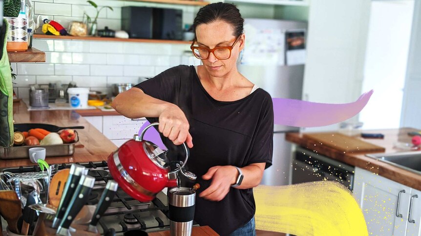 Jo Joyce making tea in her kitchen while working from home in a story about the rituals and comforts helping during coronavirus.