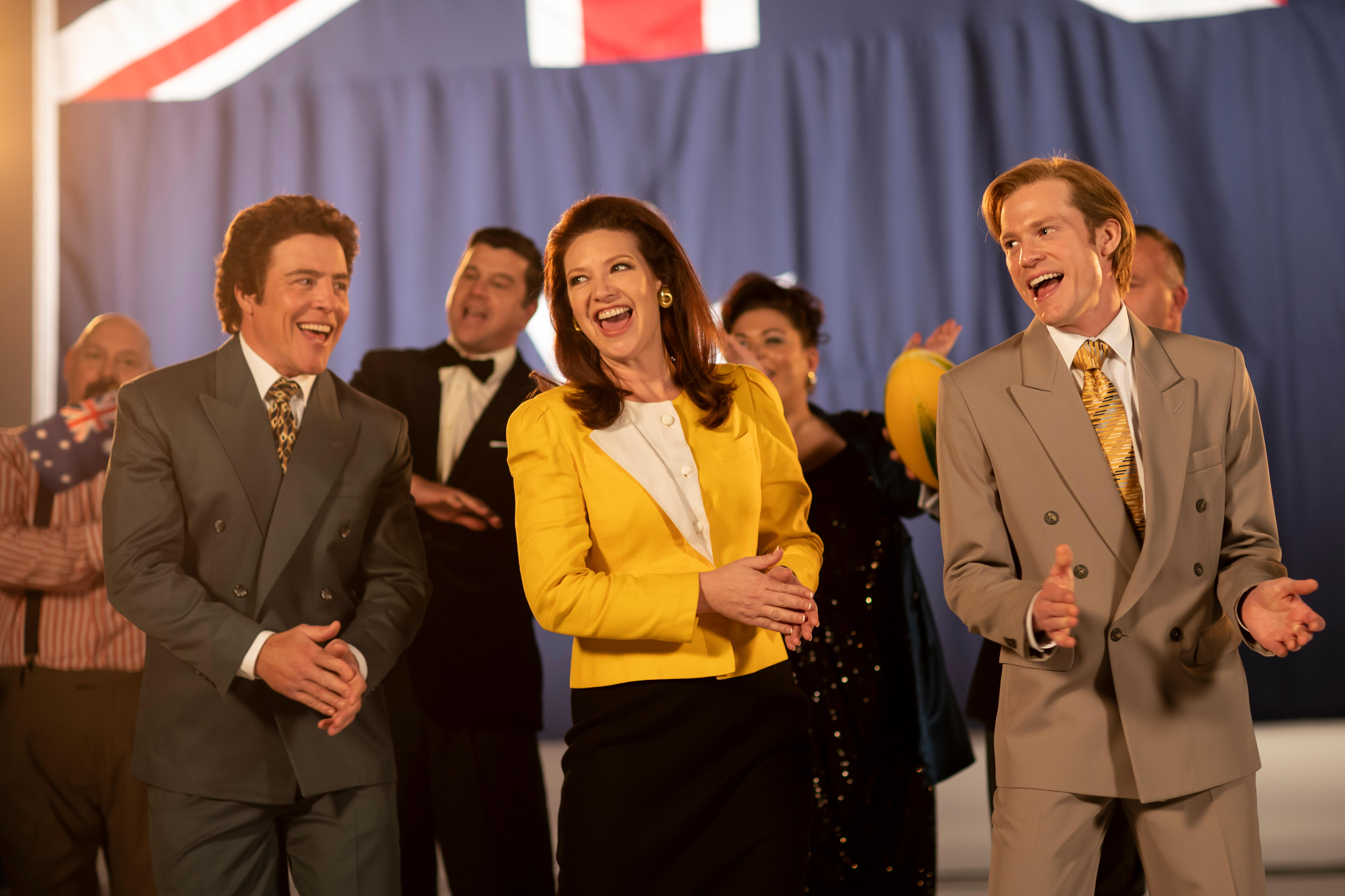 Stephen Peacocke (Rob), Anna Torv (Helen) and Sam Reid (Dale) singing the Bicentenary ‘88 station promo song