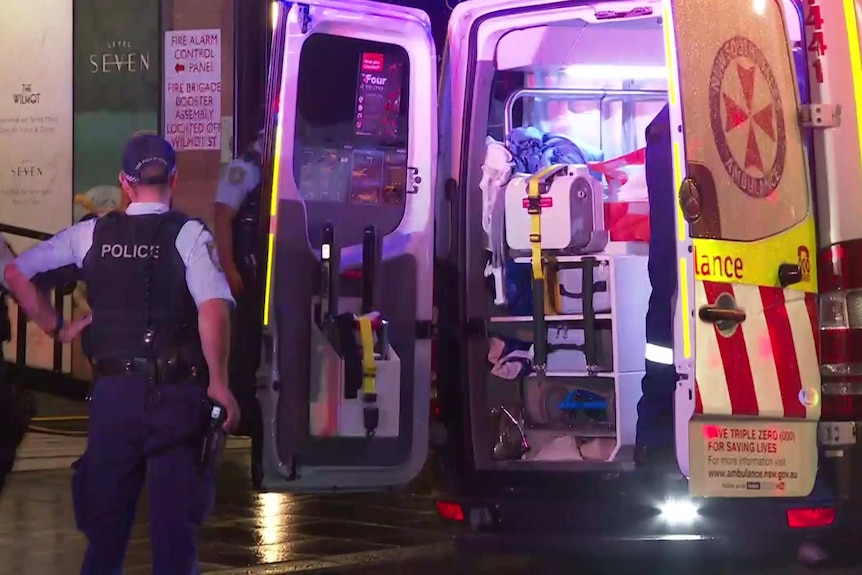 Police officers standing near an ambulance at night