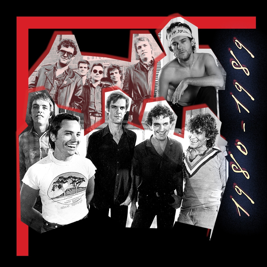 Various black and white images of Cold Chisel in the 1980s with a red frame