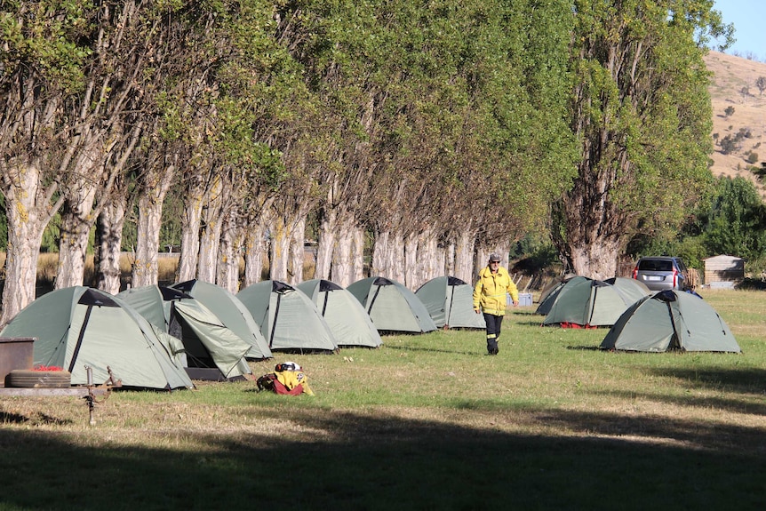Tents set up a a bushfire base camp in Tasmania