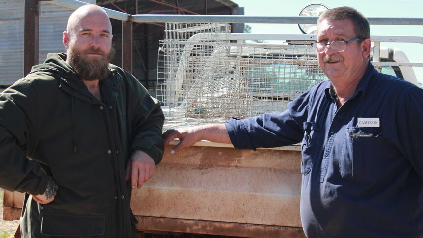 Daniel and Cameron Christensen stand at the back of a farm ute carrying cat traps.