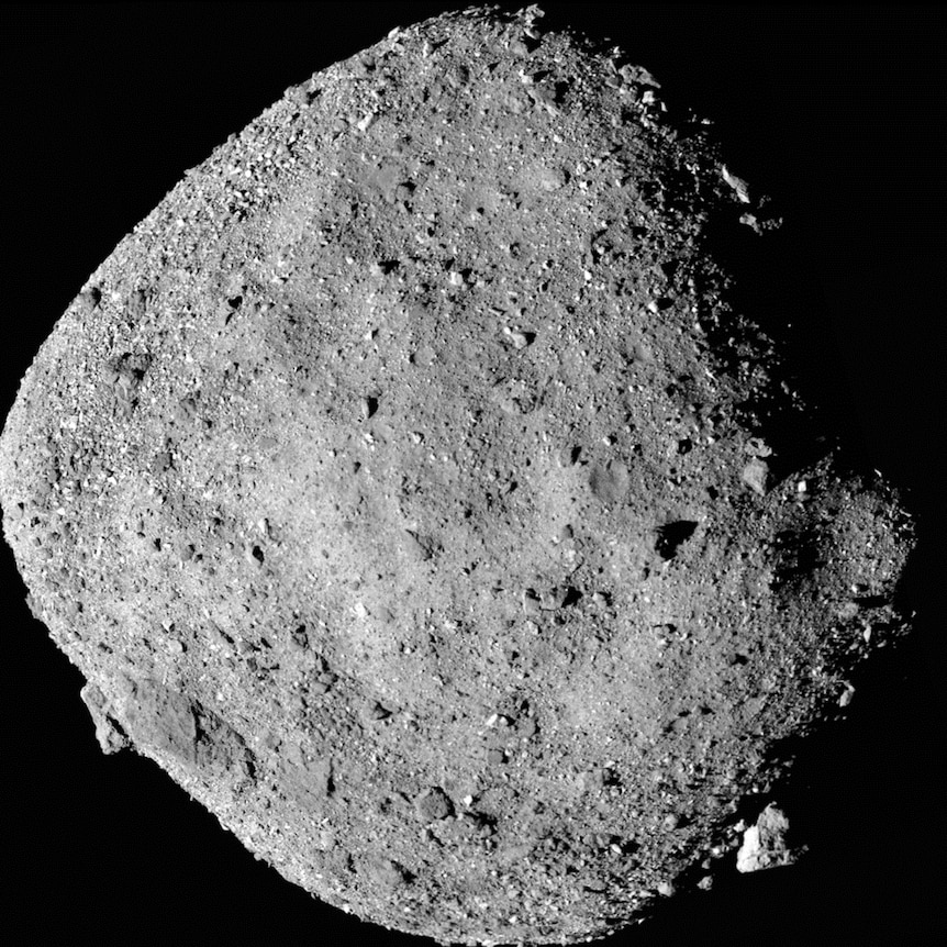 This mosaic image composed of 12 PolyCam images collected on Dec. 2, 2018, and provided by NASA shows the asteroid Bennu.