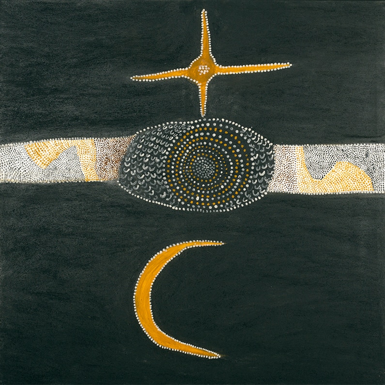Mabel Juli's painting Garnkiny du Wardel du Lalanggarrany du Darndal – The moon and the star, the crocodile and the turtle.