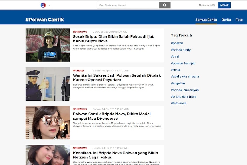 A screenshot of stories relating to 'pretty policewomen' in Indonesian media.
