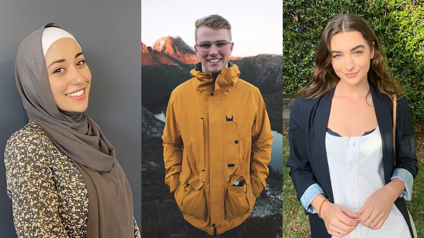 A woman, Jumana wears a hijab, a man, Sam, stands outside with a mountain in the distance, and Kate stands in front of a hedge.