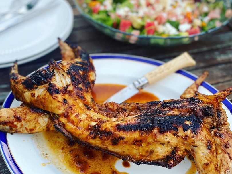 Barbequed white meat on a plate in the foreground, a salad in the background on a table.