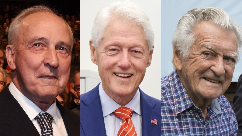 A composite image of three men's faces - Paul Keating's, Bill Clinton's and Bob Hawke's - all smiling.