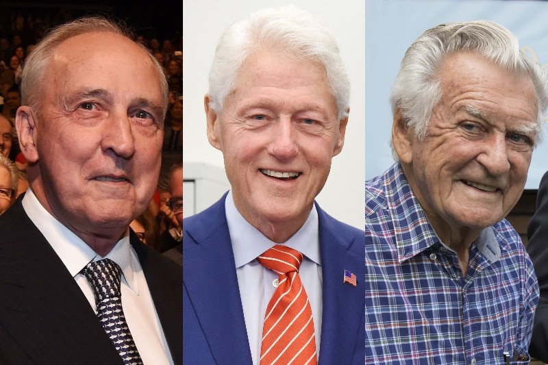 A composite image of three men's faces - Paul Keating's, Bill Clinton's and Bob Hawke's - all smiling.