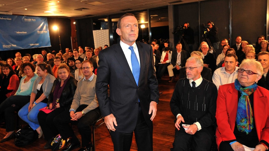 Federal Opposition Leader Tony Abbott poses for photos at a public forum at Geelong RSL.