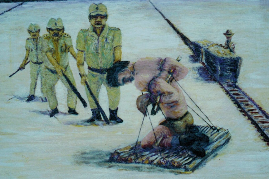 A depiction of young Aboriginal soldier Jimmy Darlington's punishment.
