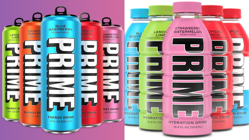 Multiple cans of Prime Energy next to multiple bottles of Prime Hydrate.