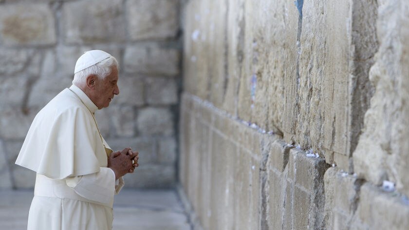 Pope Benedict XVI prays at the Western Wall in Jerusalem's Old City