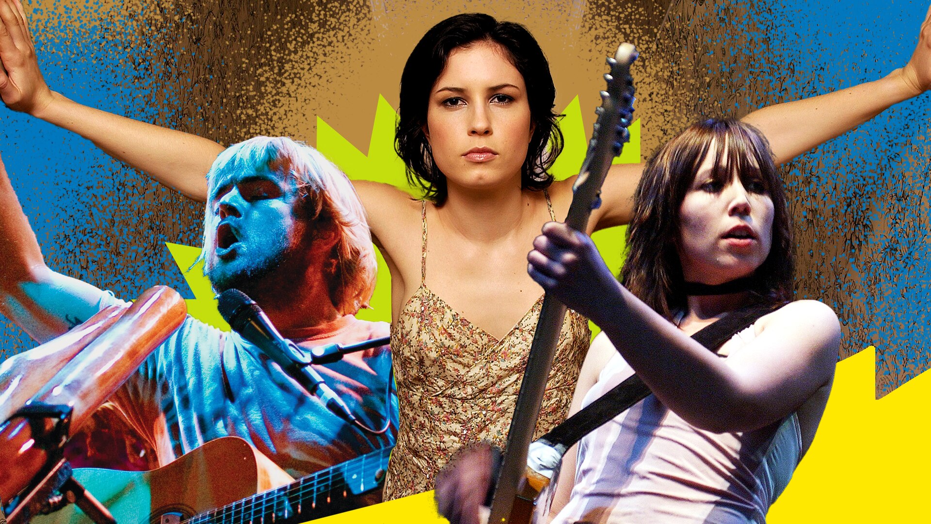 Xavier Rudd with a didgeridoo and acoustic guitar, Missy Higgins with arms outstretched, and Katy Steele playing a guitar 