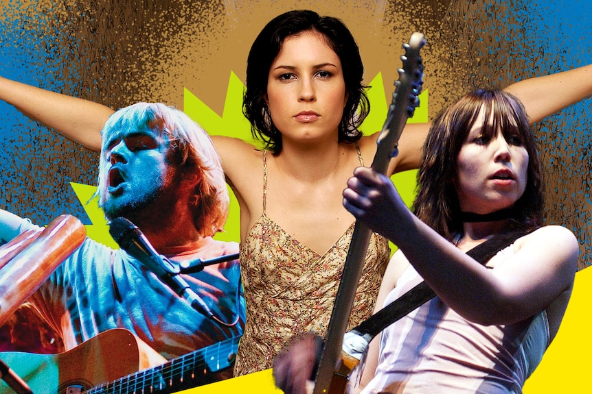 Xavier Rudd with a didgeridoo and acoustic guitar, Missy Higgins with arms outstretched, and Katy Steele playing a guitar 