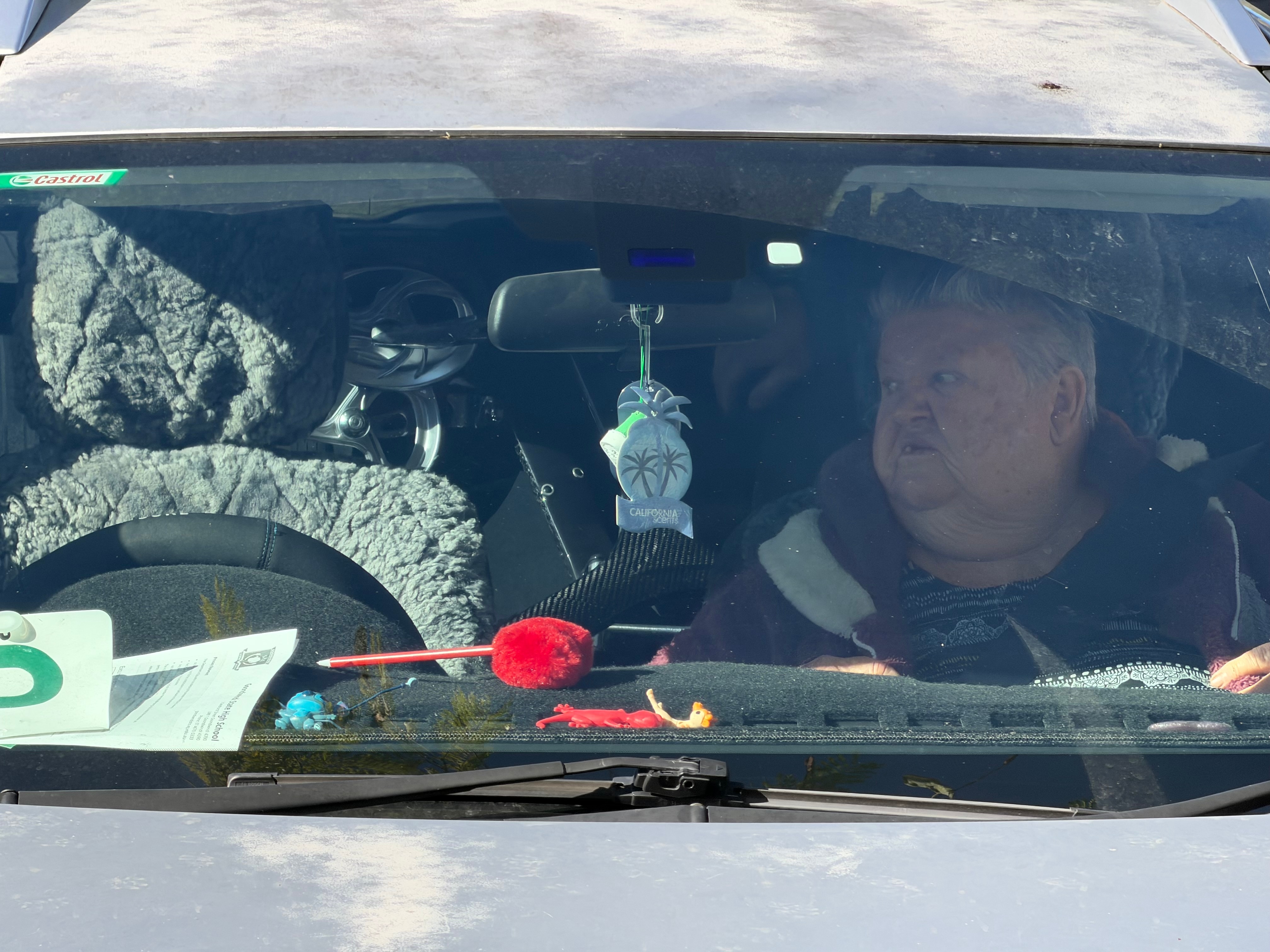 A woman with short hair is sitting in a car. 
