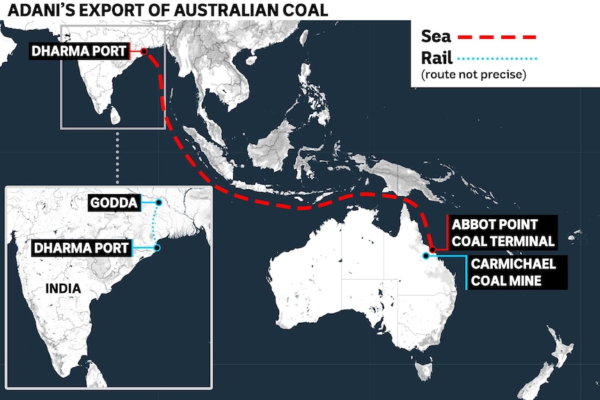 Map showing the movement of coal from Adani's planned mine in Queensland to its planned power station in Godda, India.