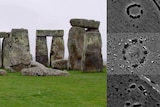A composite image of rocks standing on green grass and black and grey photos of circles.