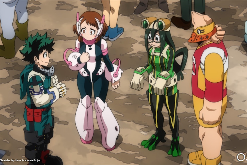 A still from My Hero Academia featuring four animated characters standing around
