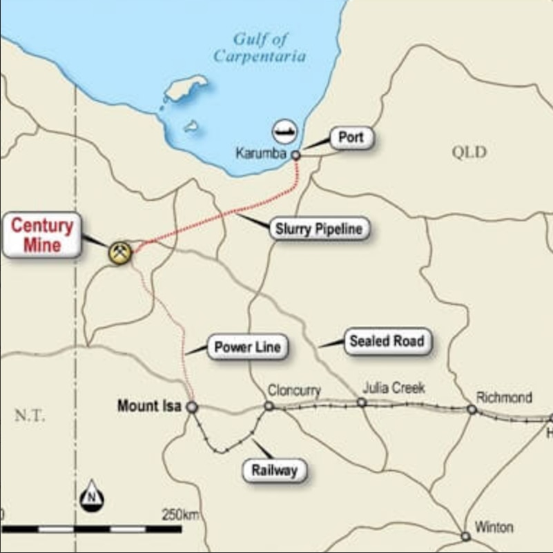 A map showing the pipeline runs from Century Mine to the Karumba Port