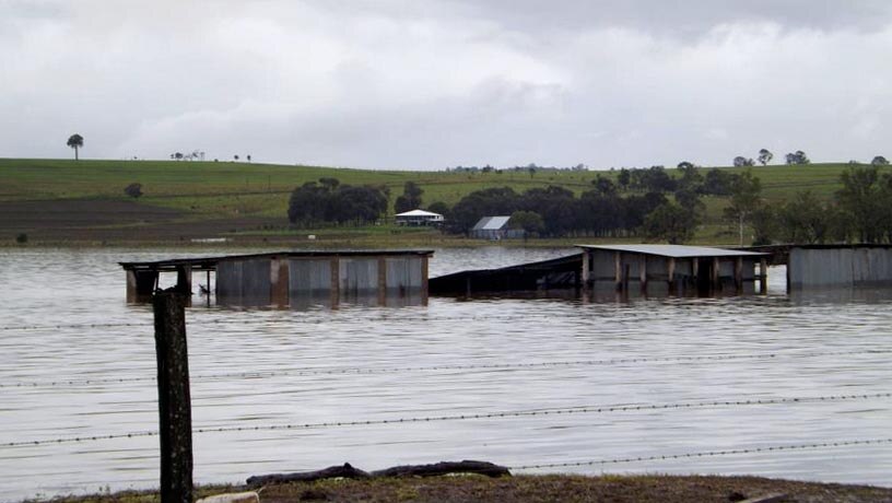 Floodwaters cover sheds at Mulgildie.