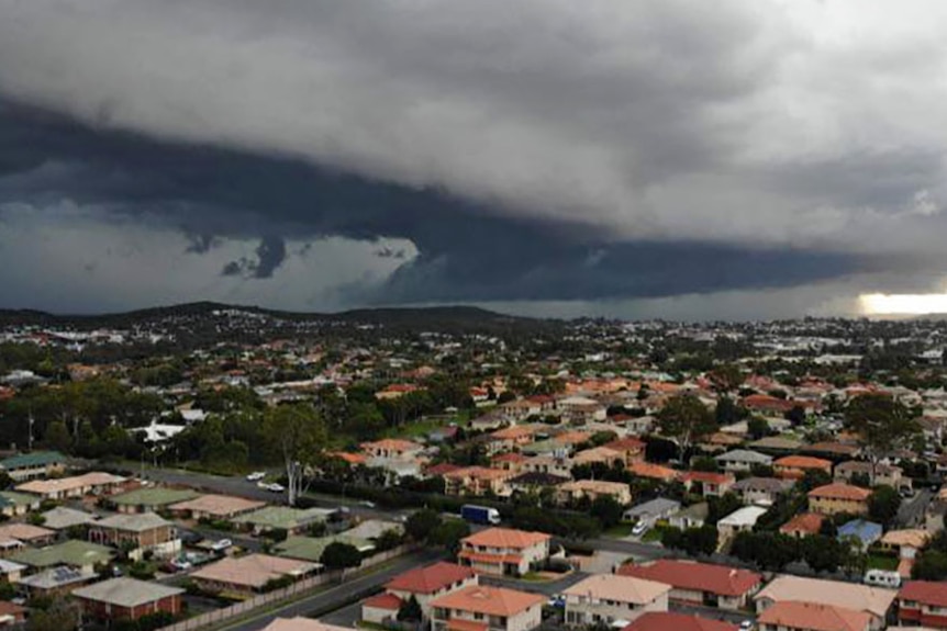 Afternoon storm clouds swirl over Brisbane on March 2, 2021
