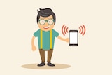 Illustration of a man holding mobile phone.