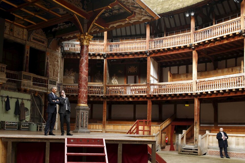 US President Barack Obama is given a tour of the Globe Theatre in London.