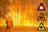 The new emergency icons superimposed on a photo of a firefighter standing in front of flaming trees.