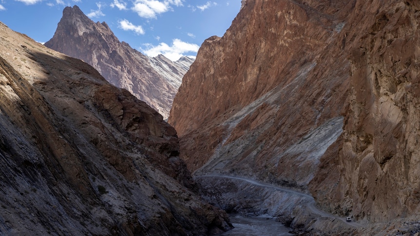 A highway under construction in the mountainous Ladakh region 