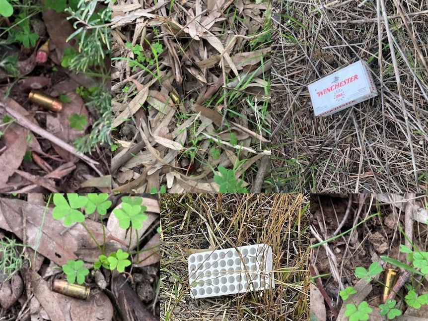 Four images of bullets and packaging on the ground