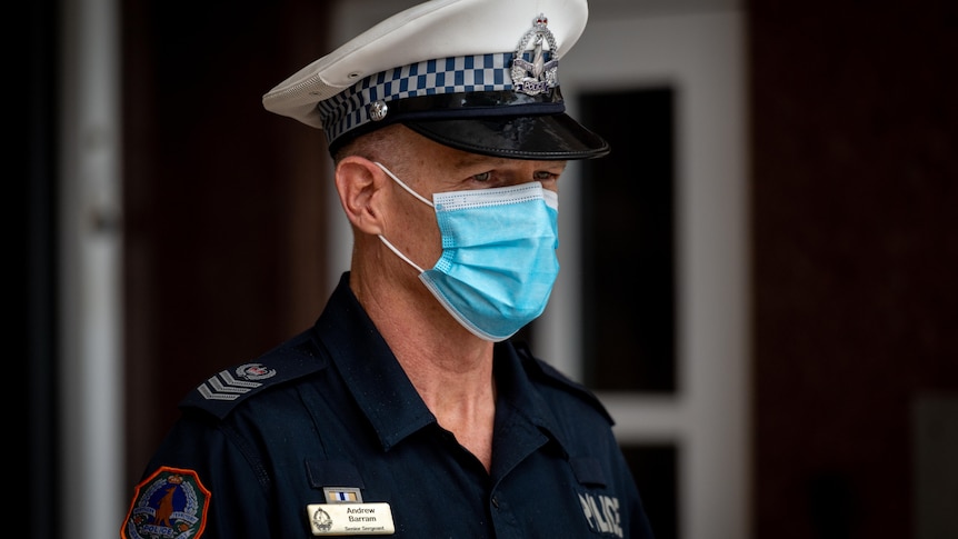 NT Police Acting Superintendent Andrew Barram outside the Supreme Court in police uniform.