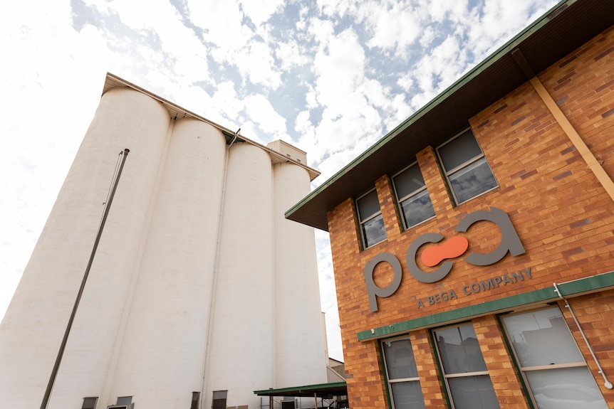 A factory, as seen from below, towering up into the sky.