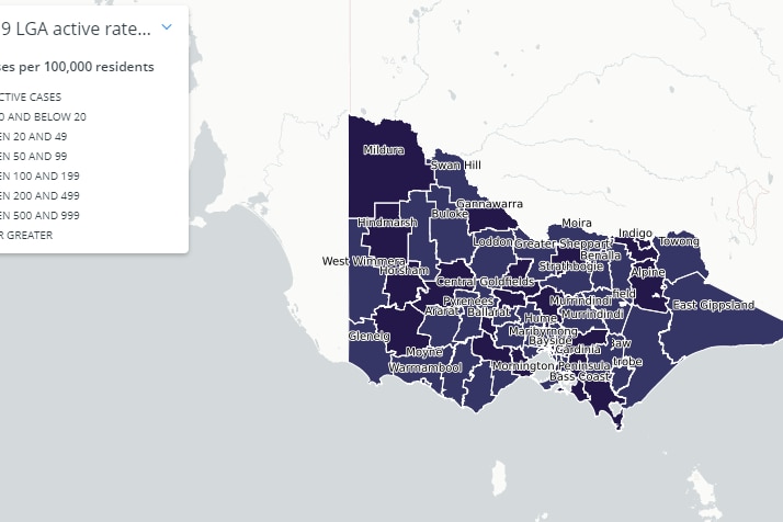 цифрова карта от Министерството на здравеопазването на Виктория, показваща броя на активните случаи на covid в целия щат