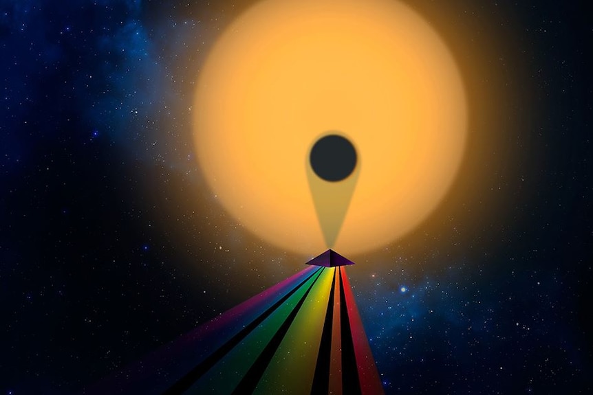 A small planet orbiting a bright yellow star, with its emitted light split into a rainbow