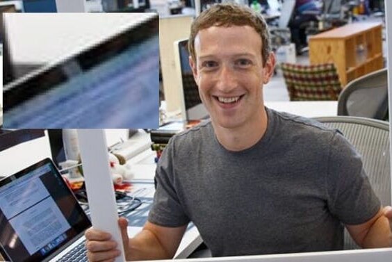 Facebook CEO Mark Zuckerberg with the webcam of his laptop covered, inset.