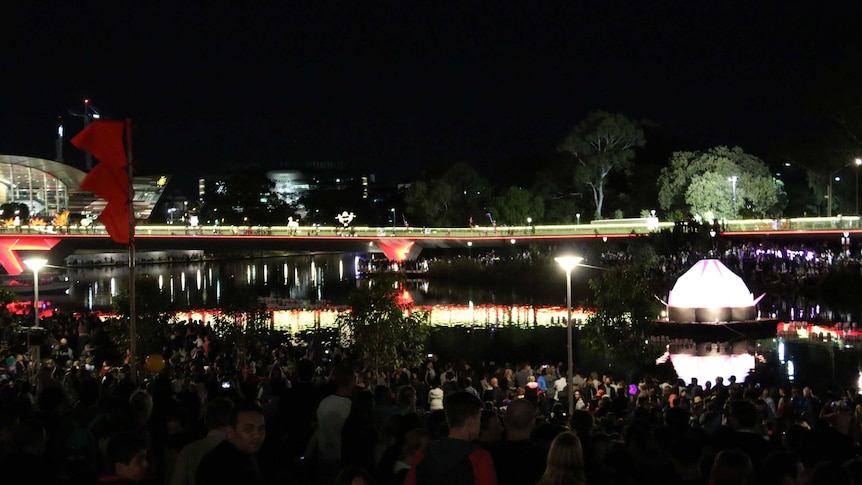 Moon Lantern Festival reflects in the water of the River Torrens in Adelaide