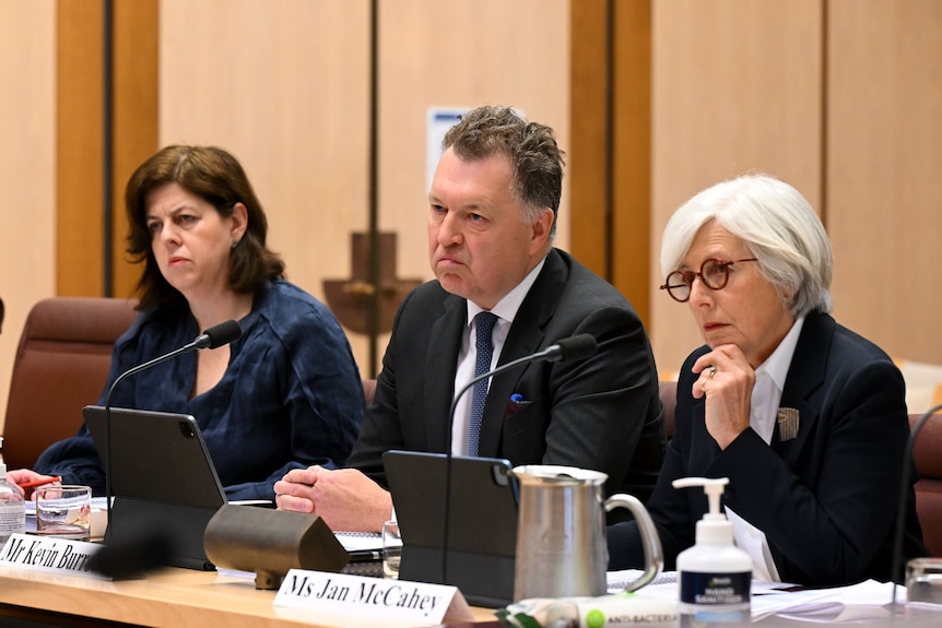 A man sits in between two middle aged women at a long table with small microphones. They are dressed professionally.