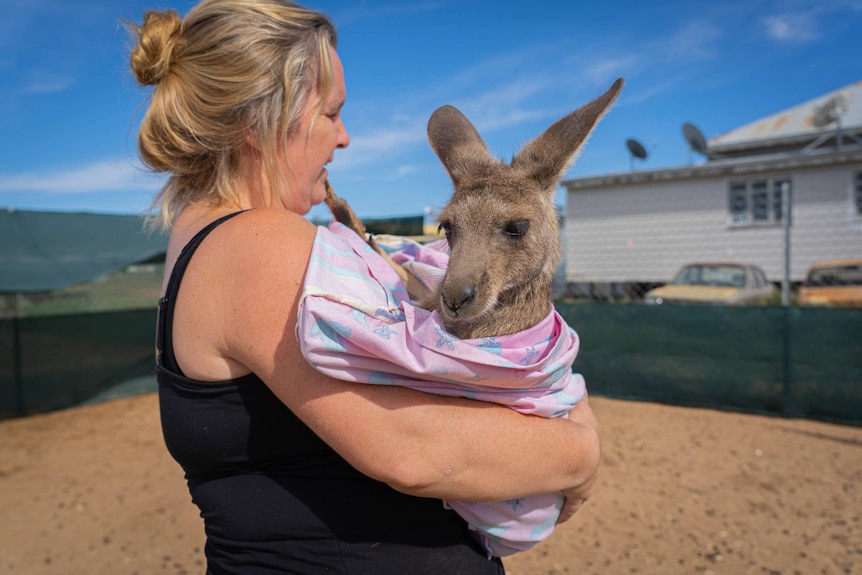 A woman holds a big kangaroo in a pink cloth pouch.