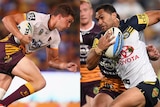 Composite image of Corey Oates playing for the Broncos and Justin O'Neill playing for the Cowboys