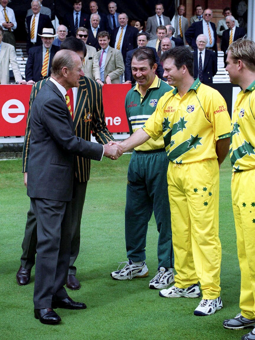 Prince Philip (left), the Duke of Edinburgh, is introduced to Australian cricket captain Steve Waugh