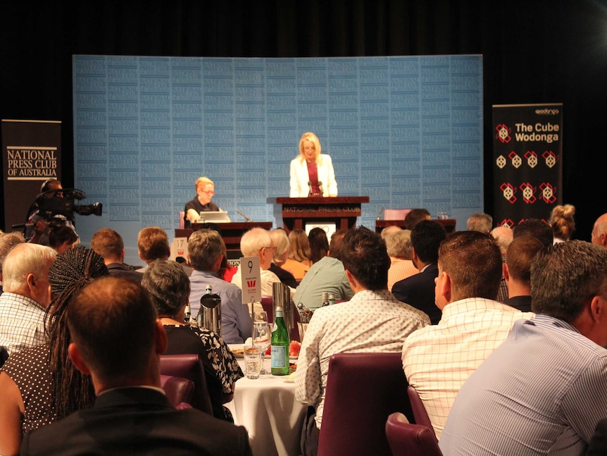 Room of people watch Bridget McKenzie speak on stage at National Press Club