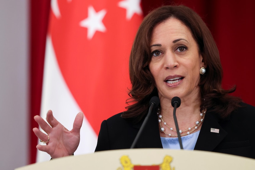 Close up of Kamala Harris giving a speech in Singapore.