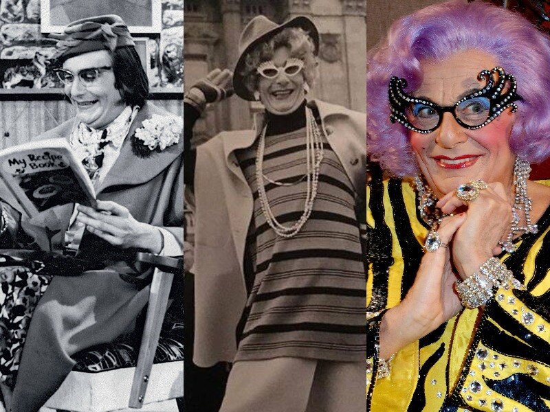 Composite image of three pictures of Barry Humphries as Dame Edna, starting with the oldest on the left and newest on the right